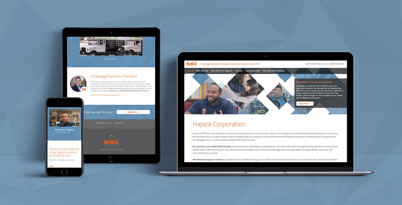 responsive careers website shown on all screen sizes (phone, computer, and tablet) with a blue background