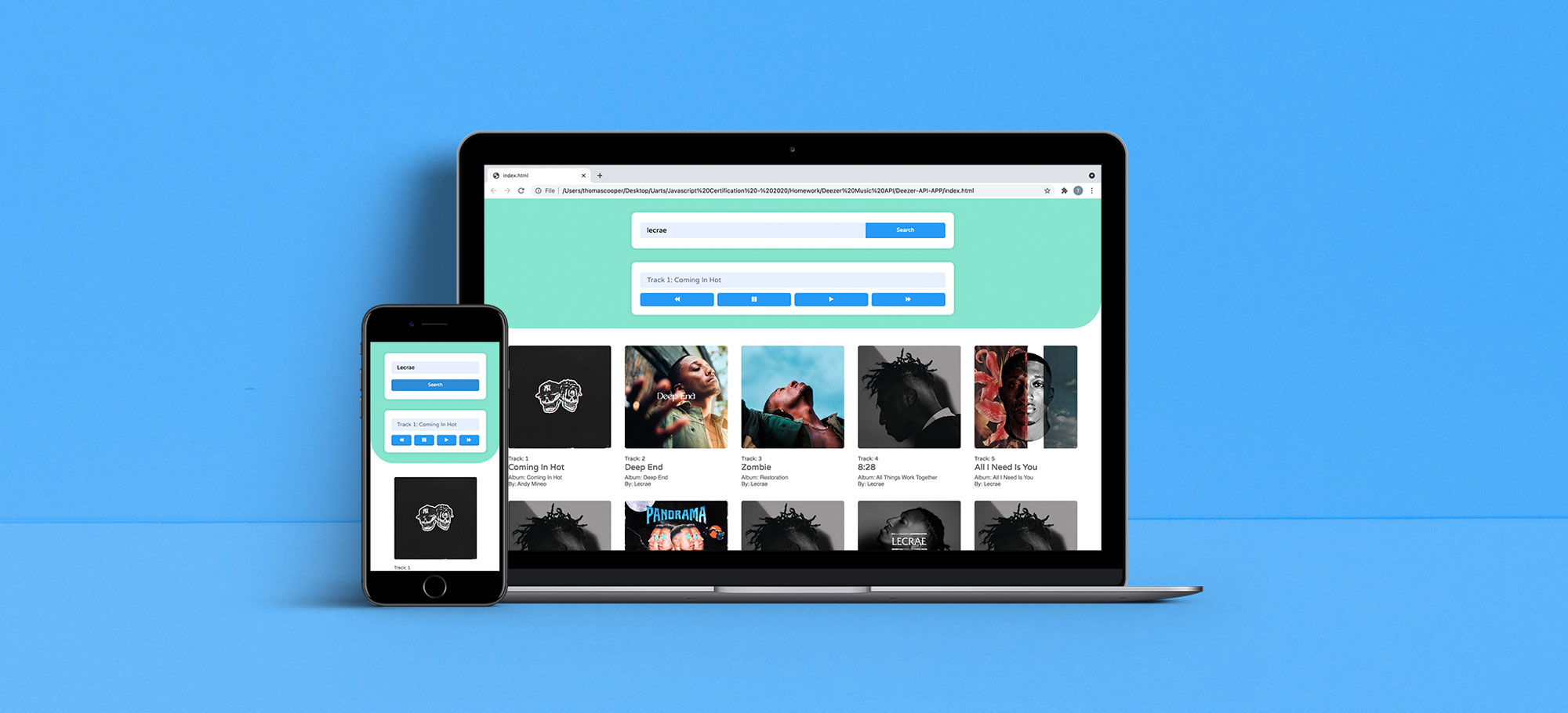 Deezer music player web app displayed on a phone and desktop view.