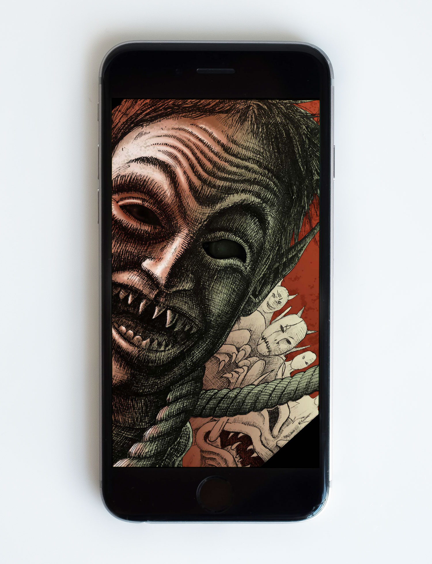 Horror phone wallpaper with staring monsters.